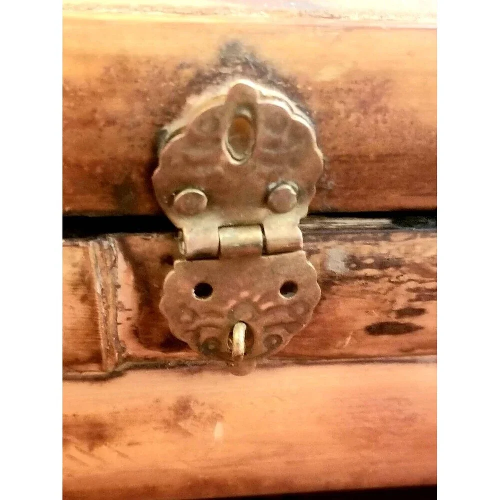 Vintage Bamboo & Wooden Jewelry Box With Brass Hardware Felt Lined
